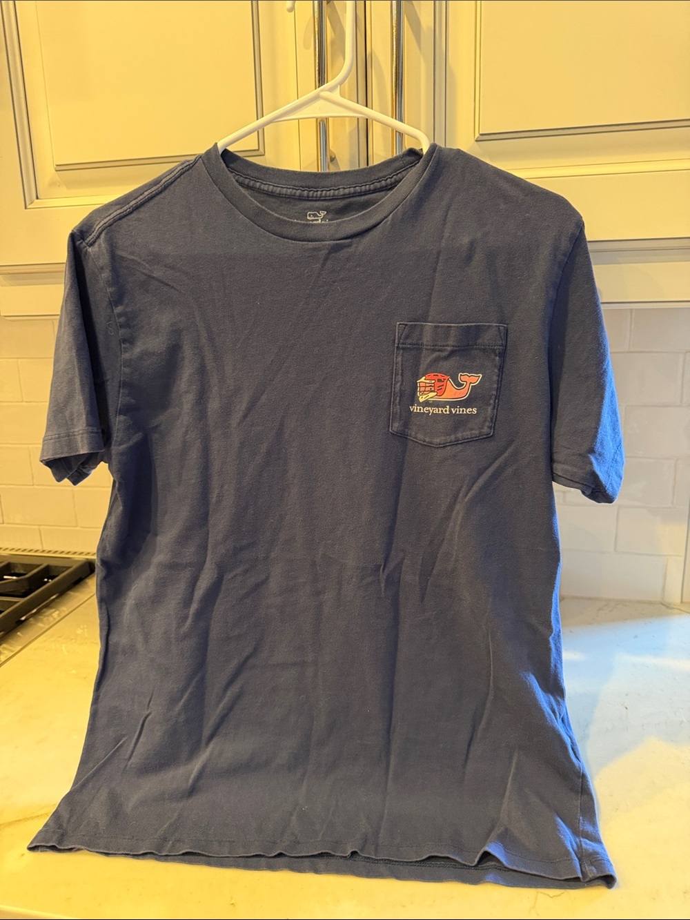 Vineyard Vines Navy Short Sleeve Pocket Tee with Orange Whale Logo